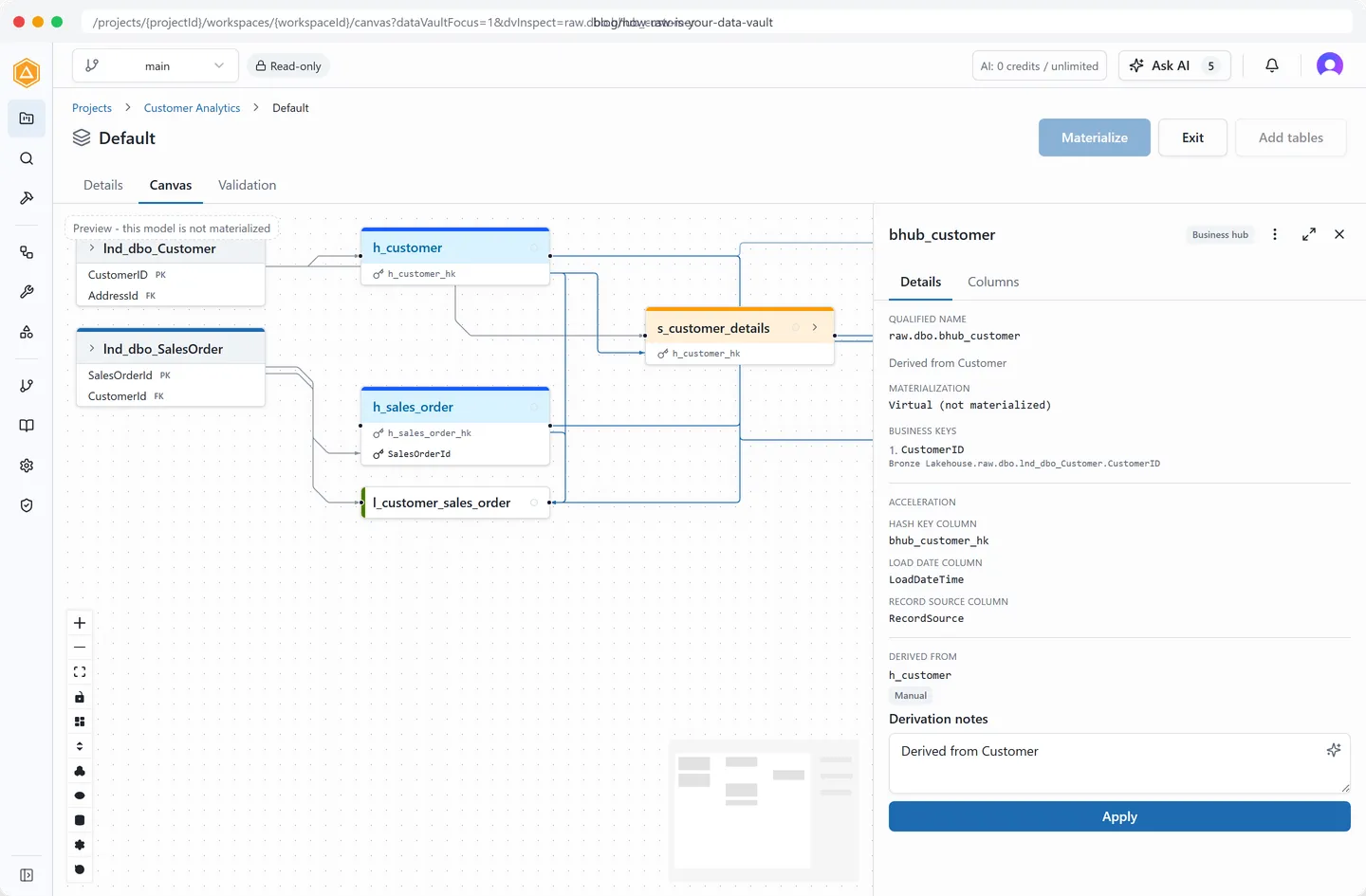 A derived business hub sits beside the raw hub it came from, its detail pane naming the raw object it derives from and the business key behind it