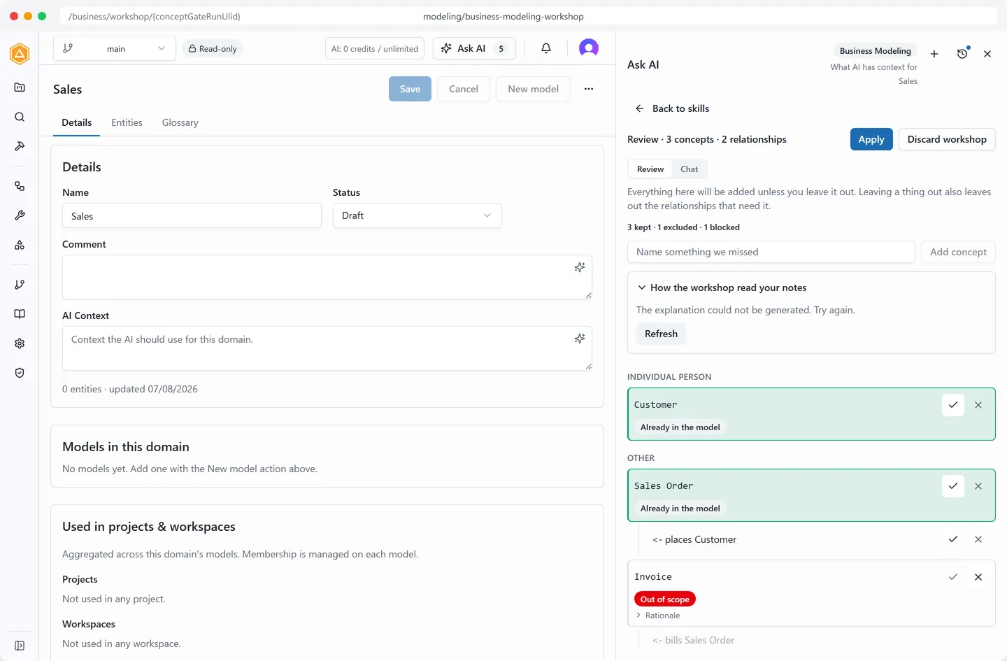 The modeling workshop review queue proposes Customer, Sales Order and Invoice from written notes, with Invoice marked out of scope and each proposal waiting for a person to accept it.