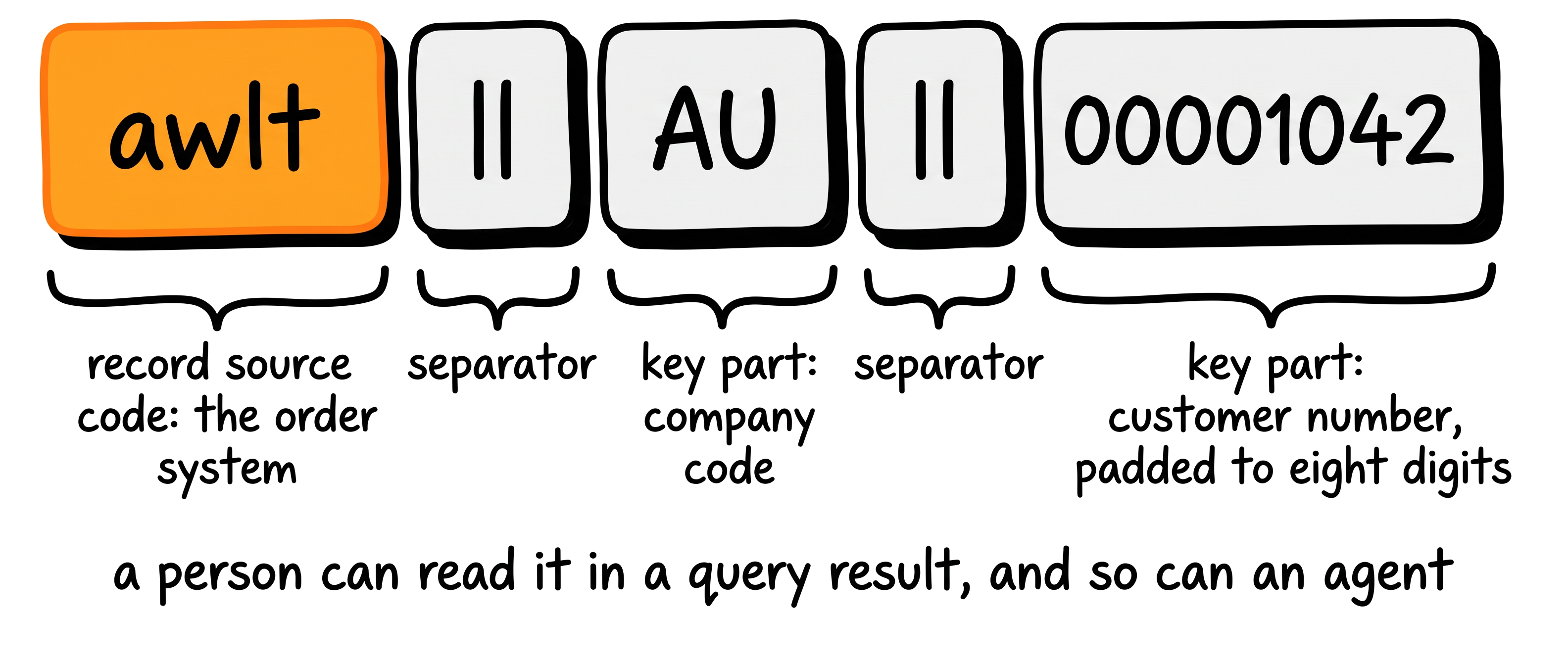 The business key awlt||AU||00001042 taken apart into its record source code, separators, company code and padded customer number.