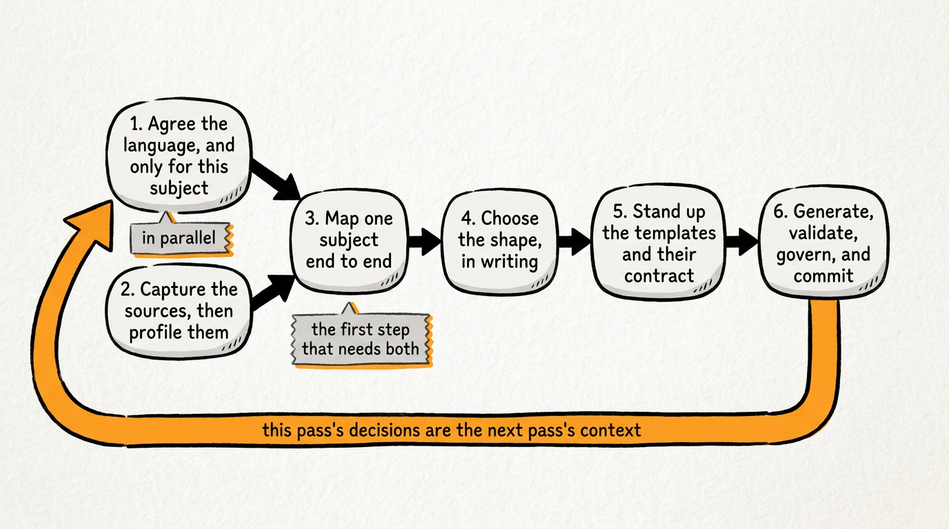 Six steps as a dependency graph: steps 1 and 2 in parallel feed step 3, steps 4 to 6 follow in sequence, and a heavy return arrow from step 6 to step 1 makes the plan a loop.