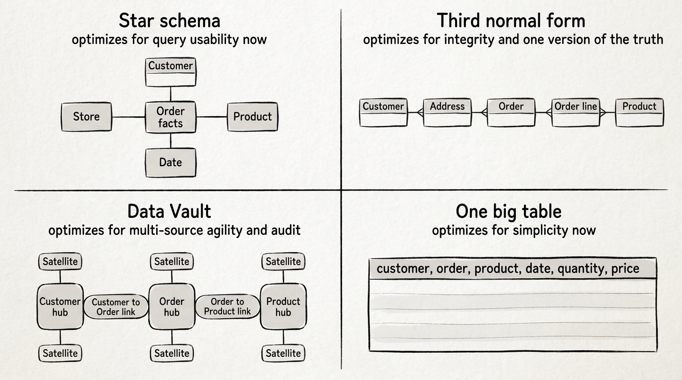The same Customer, Order and Product subject drawn four ways: a star schema, a third normal form chain, a Data Vault of hubs, links and satellites, and one wide table.