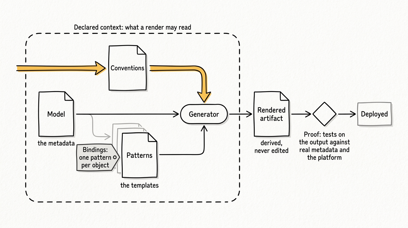The generator pipeline: model, conventions and patterns feed a generator inside a declared-context boundary, producing a derived artifact that passes a proof gate; the conventions enter as an input from outside the templates.